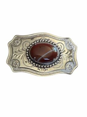 Vintage Silvertone Etched Western Small Belt Buckle Brown Cabochon Stone